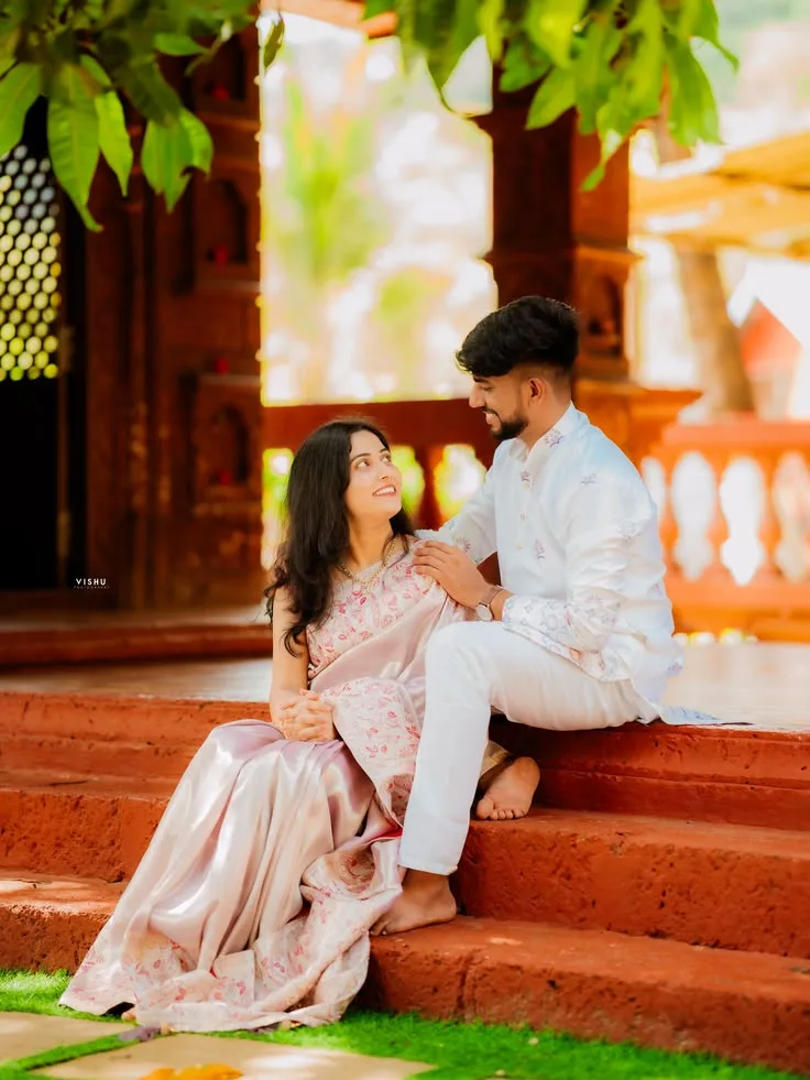 A photorealistic vertical full-length shot in exact 3:4 aspect ratio capturing the young South Asian couple from the reference images,