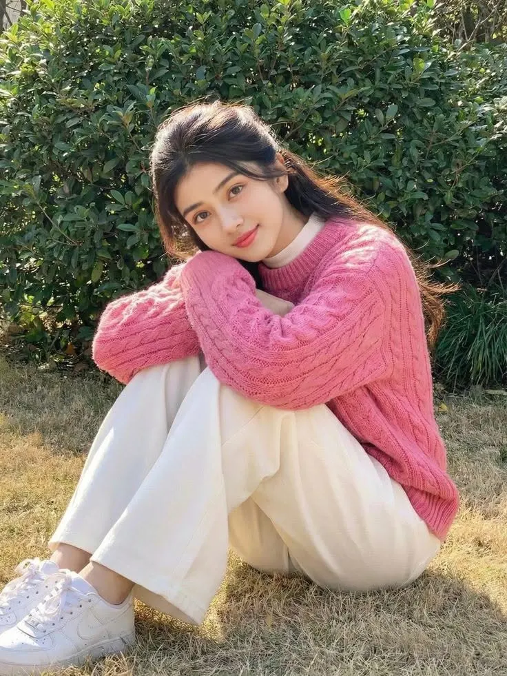 A beautiful, bright 3:4 portrait of a young East Asian woman sitting comfortably on dry grass in a park.