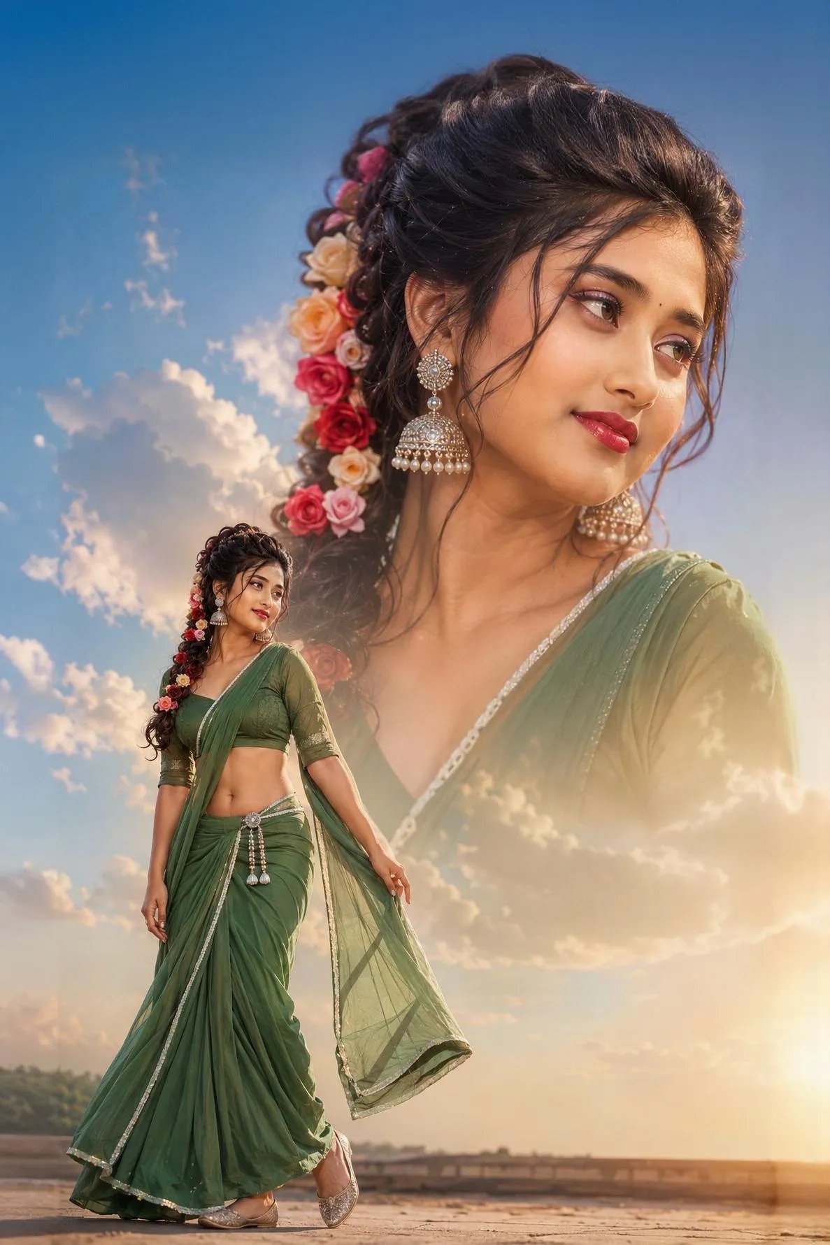 ChatGpt Prompt ⤵️ ✨ 💫 Cinematic Bollywood poster with only two images of the same woman: one full-body and one big glowing face in the