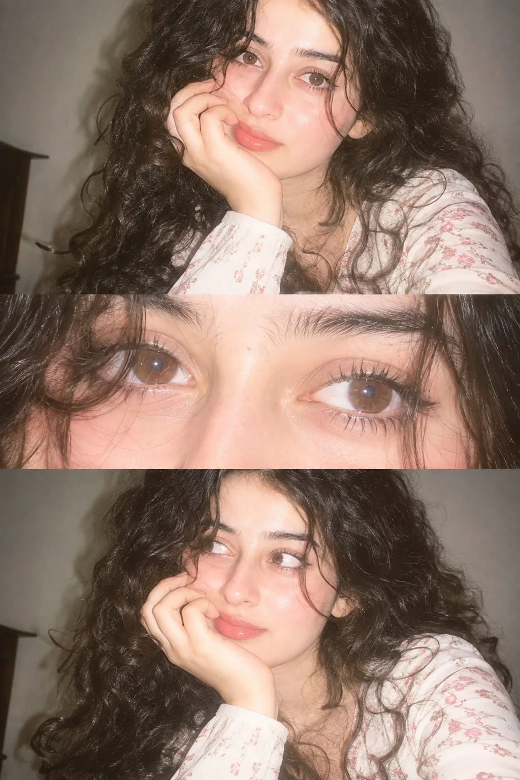 Ultra-realistic Y2K-inspired flash photography collage using the 99 uploaded face exactly.** A young woman with voluminous dark curly hair,