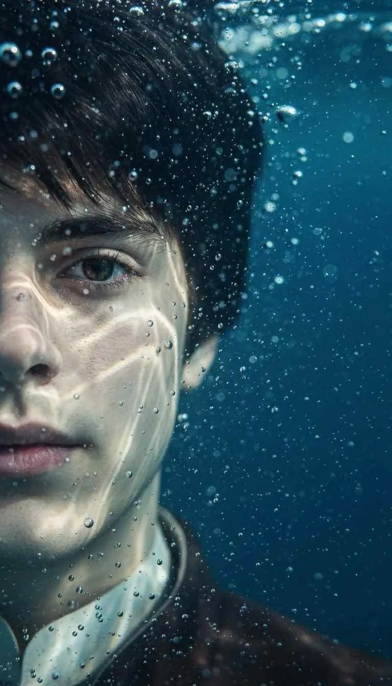 A dramatic, close-up underwater portrait of a young man with dark, wet hair clinging to his forehead, looking directly into the camera.