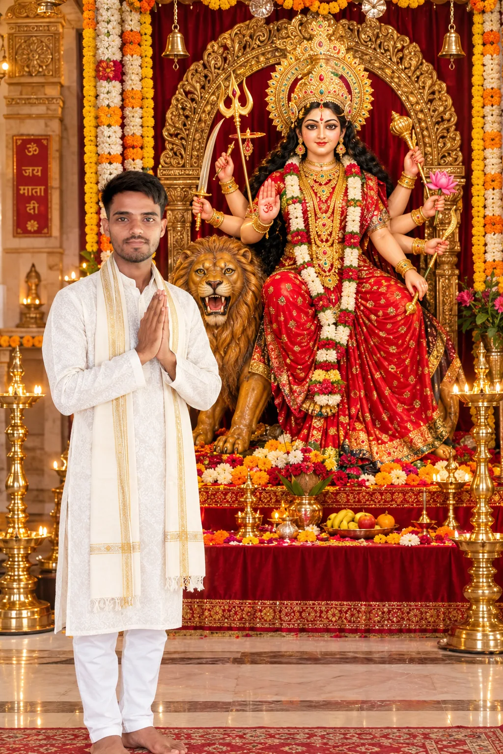 Create a highly realistic, full-body devotional portrait of a young Indian man standing in front of Goddess Durga's grand temple idol.