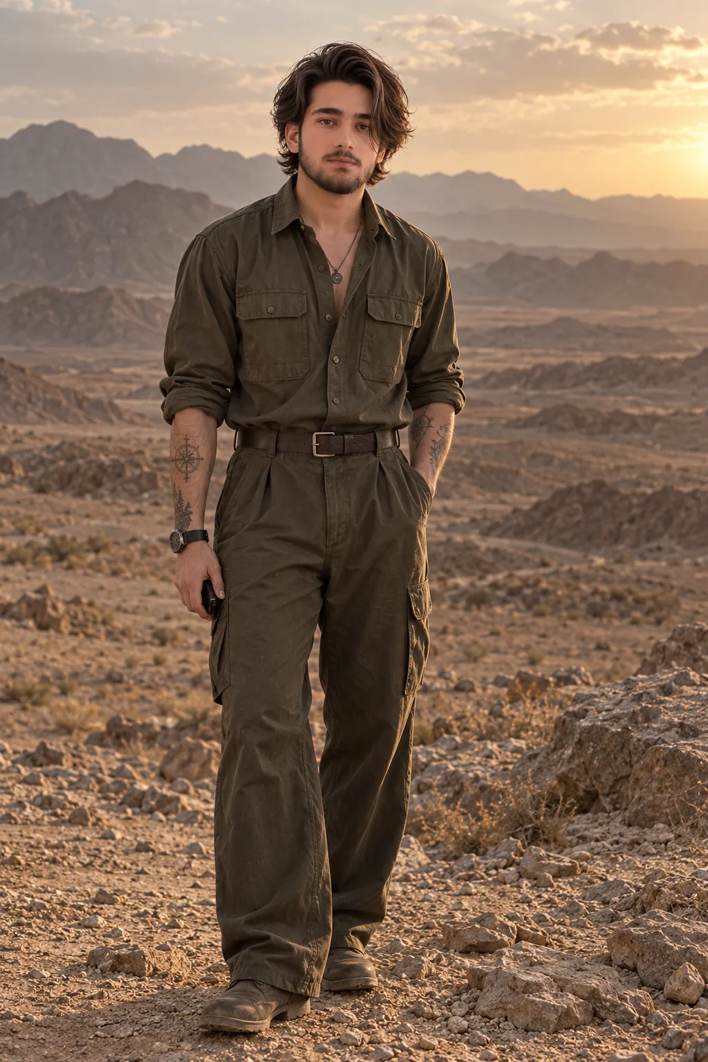 Ultra-realistic cinematic editorial fashion photograph of a handsome young man standing in a vast arid desert landscape, full-body