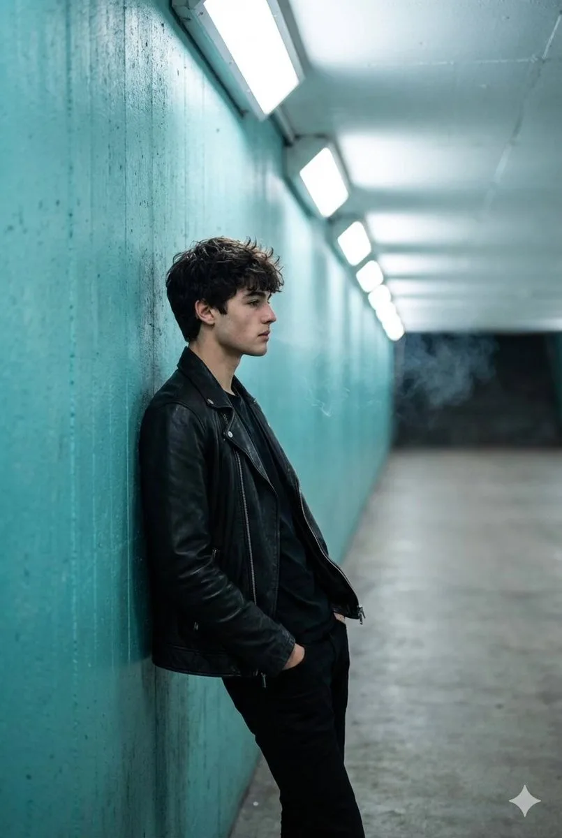 A full shot captures a young man in profile, leaning against a textured turquoise wall inside a brightly lit tunnel.