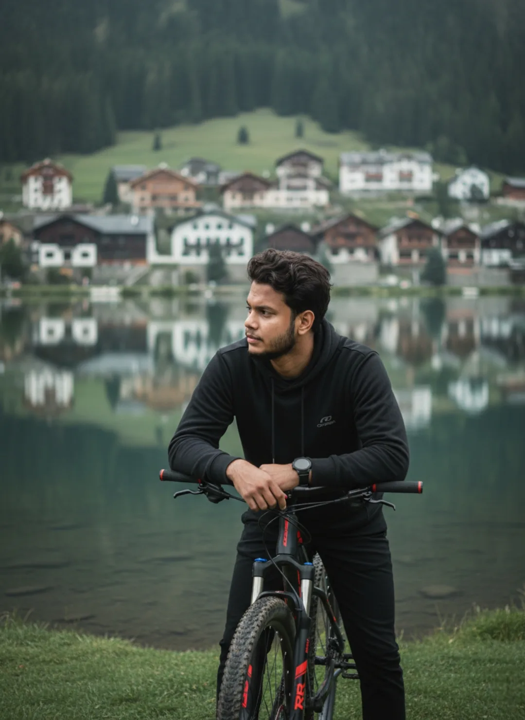Prompt: A young man wearing a black hoodie and black pants, standing beside and leaning on a black and red mountain bike, set against a