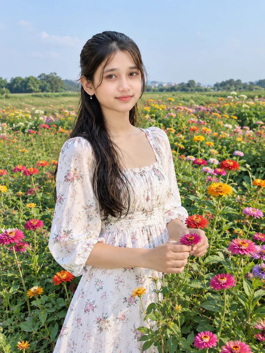 Ultra realistic photograph of a young woman standing in a colorful flower field during daytime, shot on a real DSLR camera.
