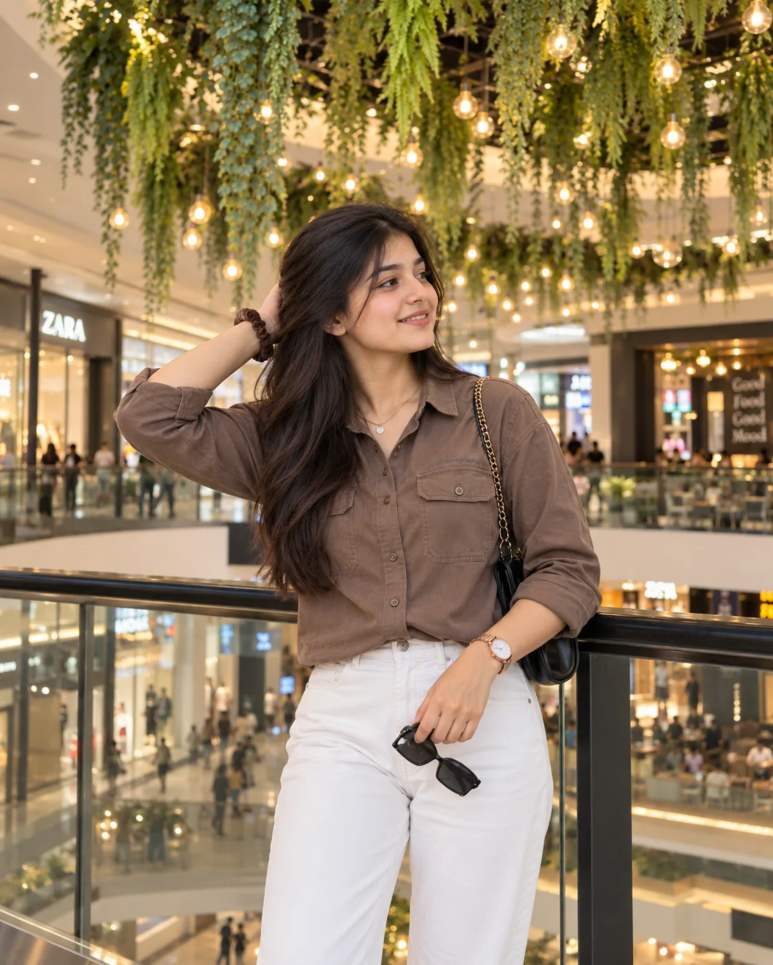 Create a highly realistic, ultra-detailed cinematic lifestyle photograph of a young Indian woman standing casually inside a modern shopping