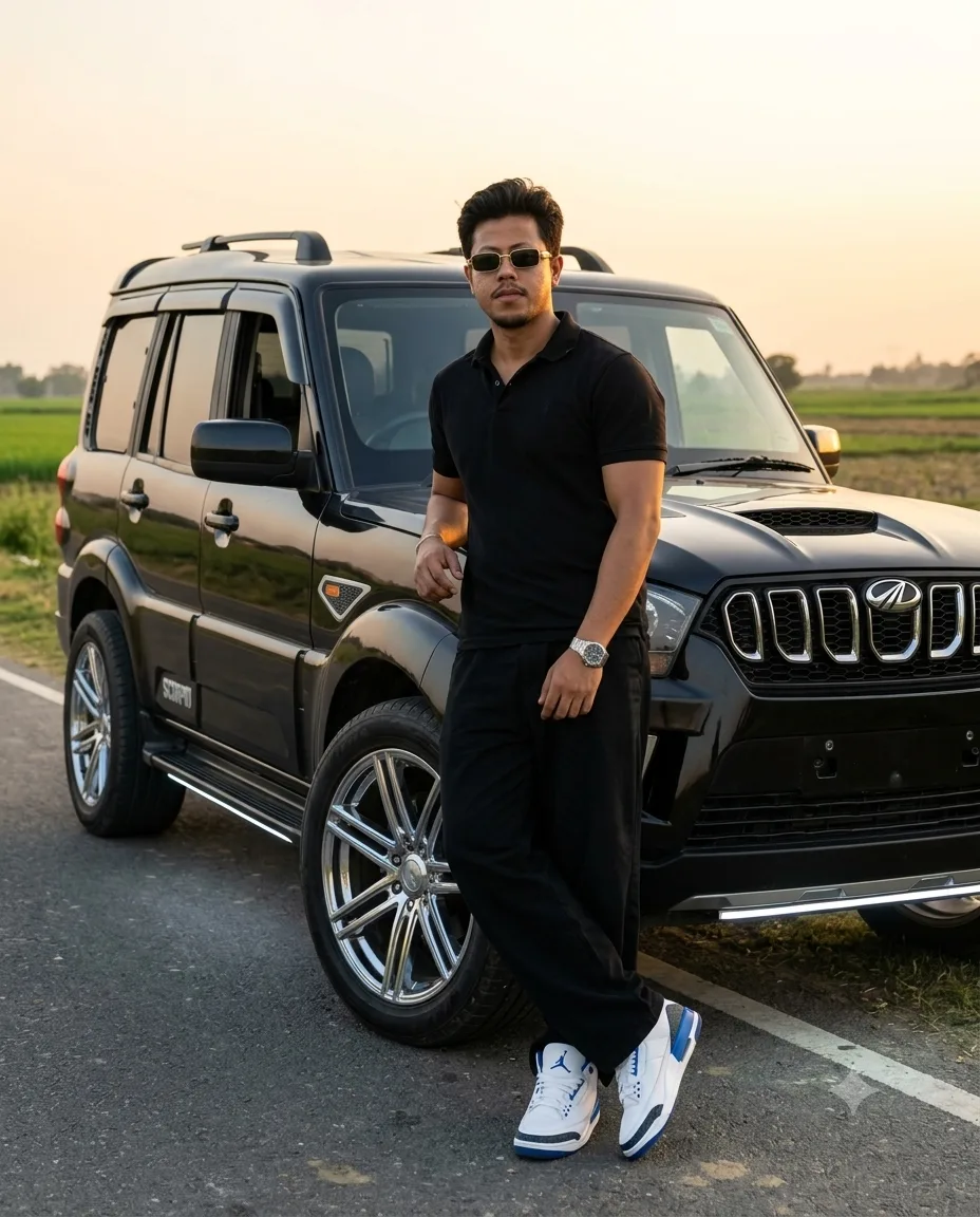 Ultra-realistic cinematic full-body portrait of a young South Asian/lndian man standing casually beside a Customized black Mahindra Scorpio