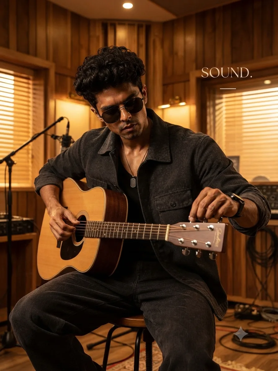 Premium editorial campaign.Main Subject: Young musician tuning an acoustic guitar inside a recording studio.Creative Direction: Warm