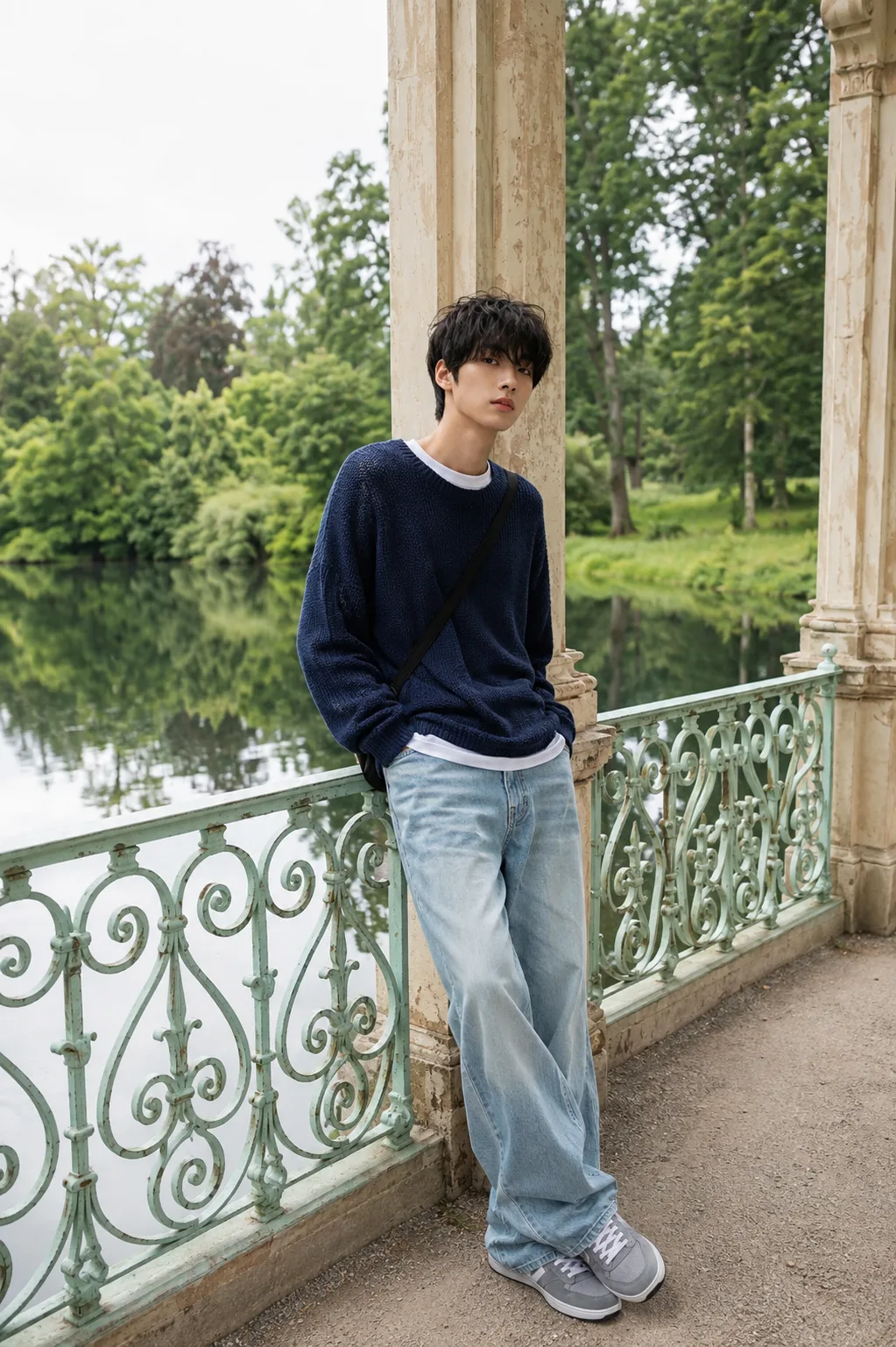 A stunning ultra-realistic lifestyle portrait of a young male model standing casually beneath an elegant stone pavilion beside a peaceful