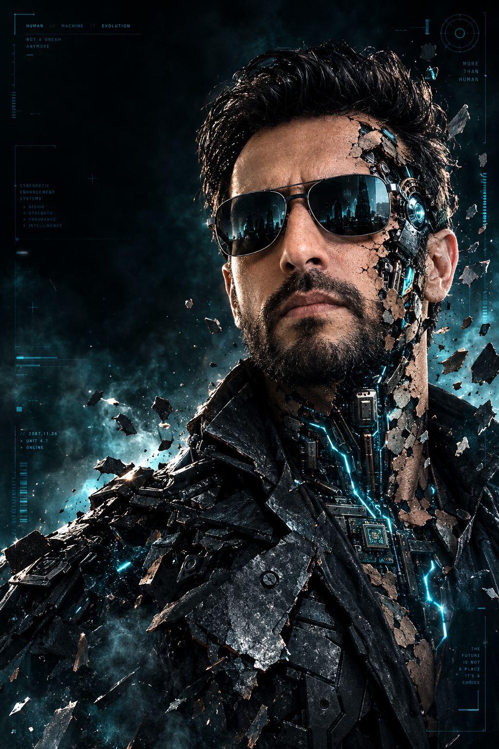 "Create a cinematic cyberpunk sci-fi character poster featuring a rugged adult man in an intense close-up portrait.