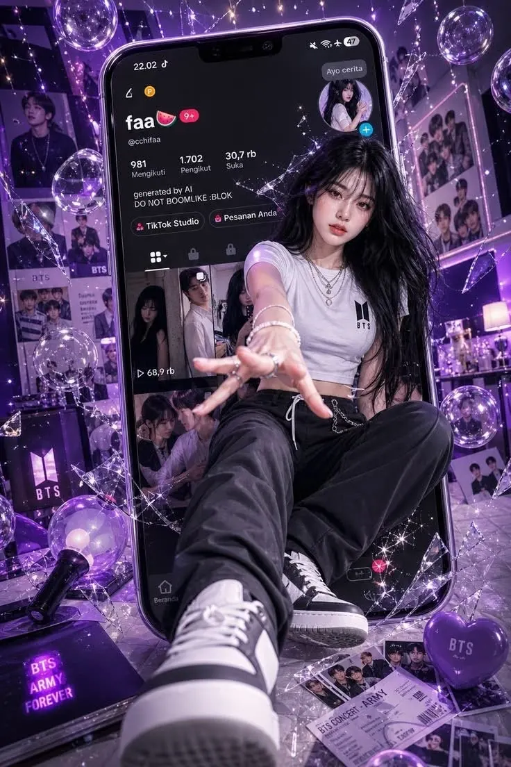 A realistic 3D digital illustration of a beautiful young East Asian girl popping out of a giant smartphone screen.
