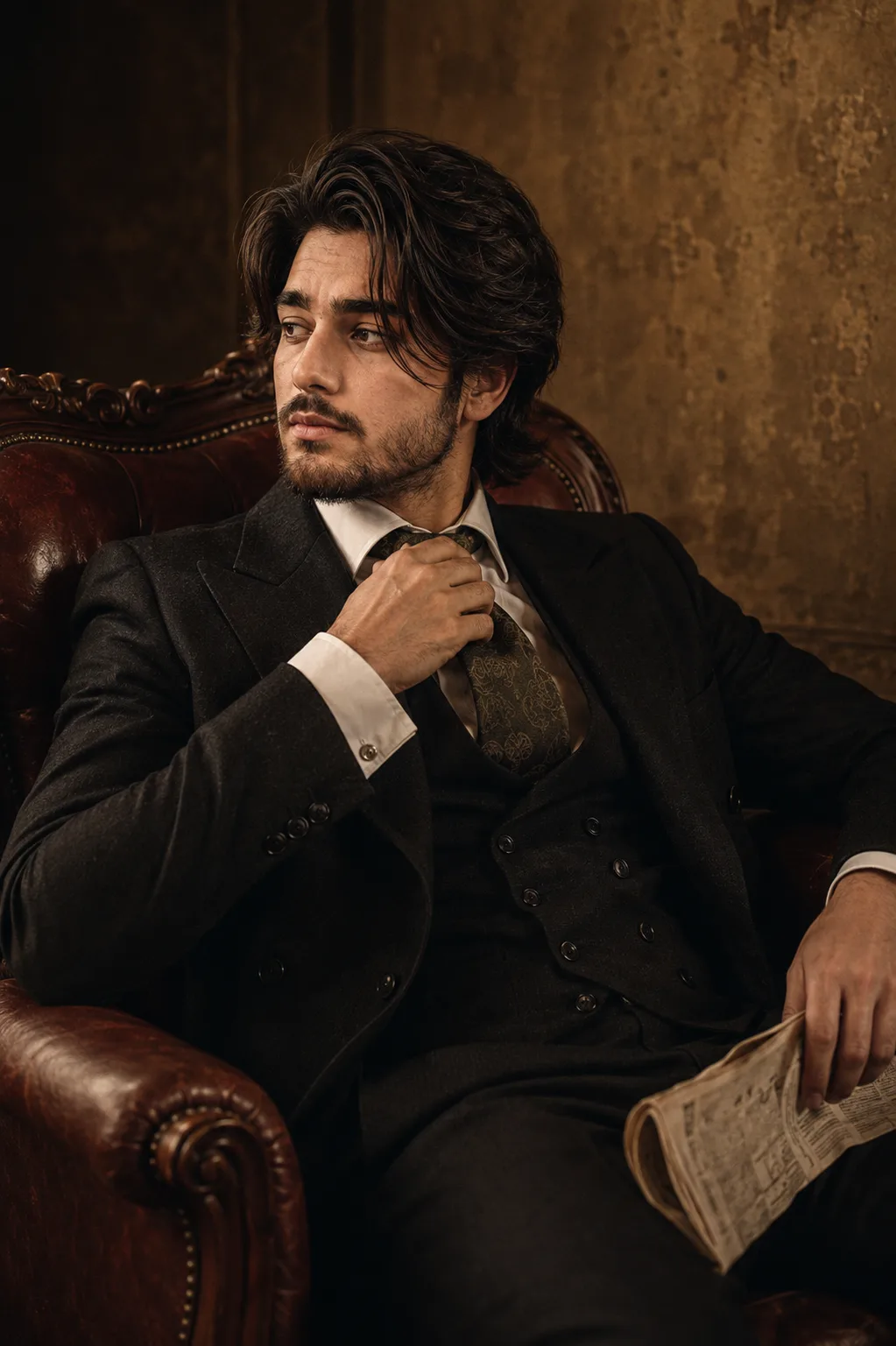 A highly cinematic, photorealistic vintage portrait of a handsome man reclining elegantly in a luxurious antique leather armchair, captured