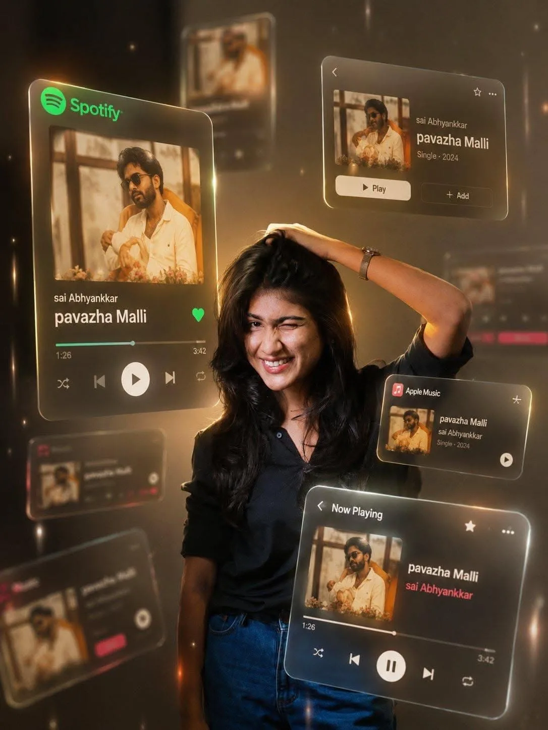 A creative and modern concept portrait of a cheerful young woman with long dark hair, smiling and playfully winking at the camera with one