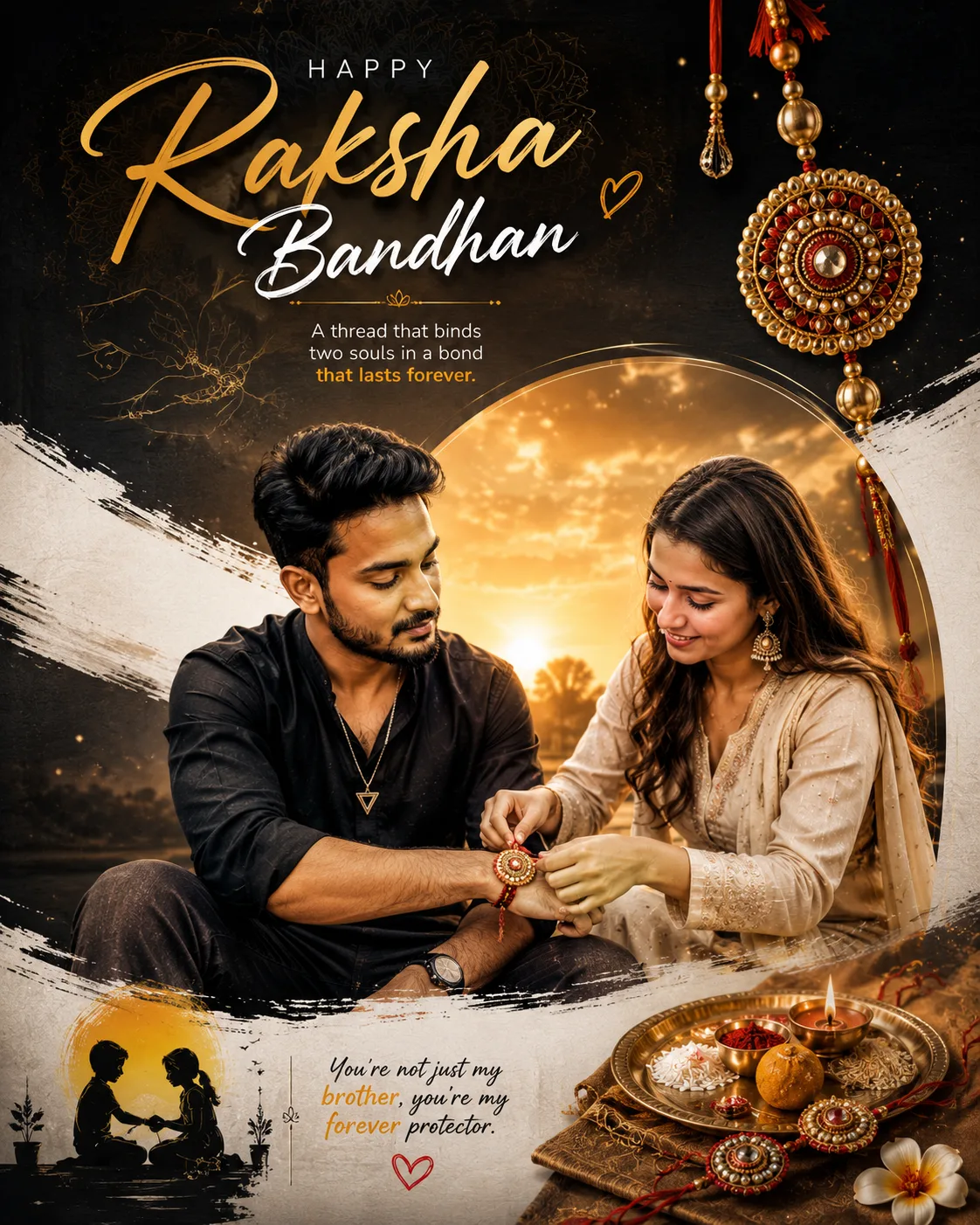 Create a premium 3:4 vertical Raksha Bandhan cinematic graphics poster with a sophisticated Indian festive aesthetic, combining