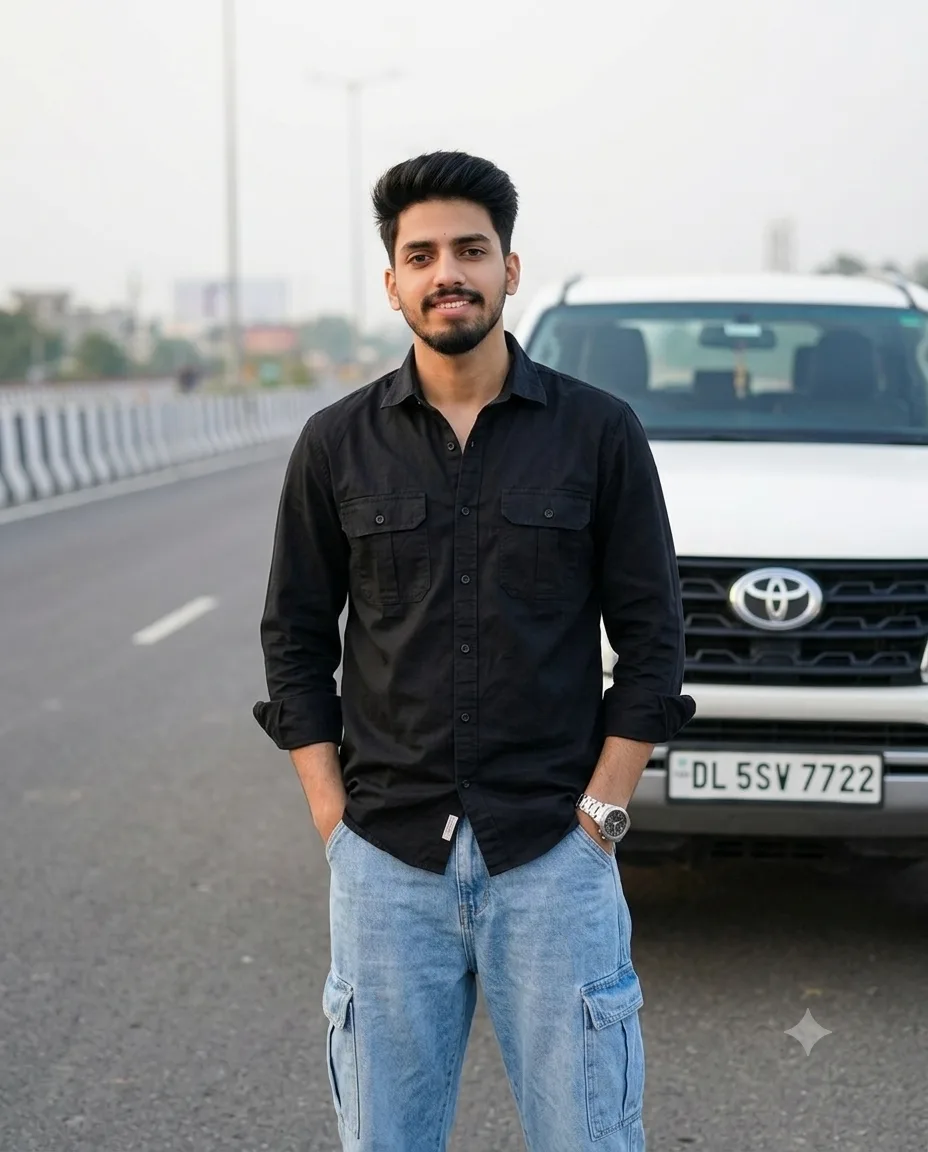 Create an ultra-realistic outdoor fashion portrait of my uploaded pic standing confidently in front of a realistic white Toyota Fortuner