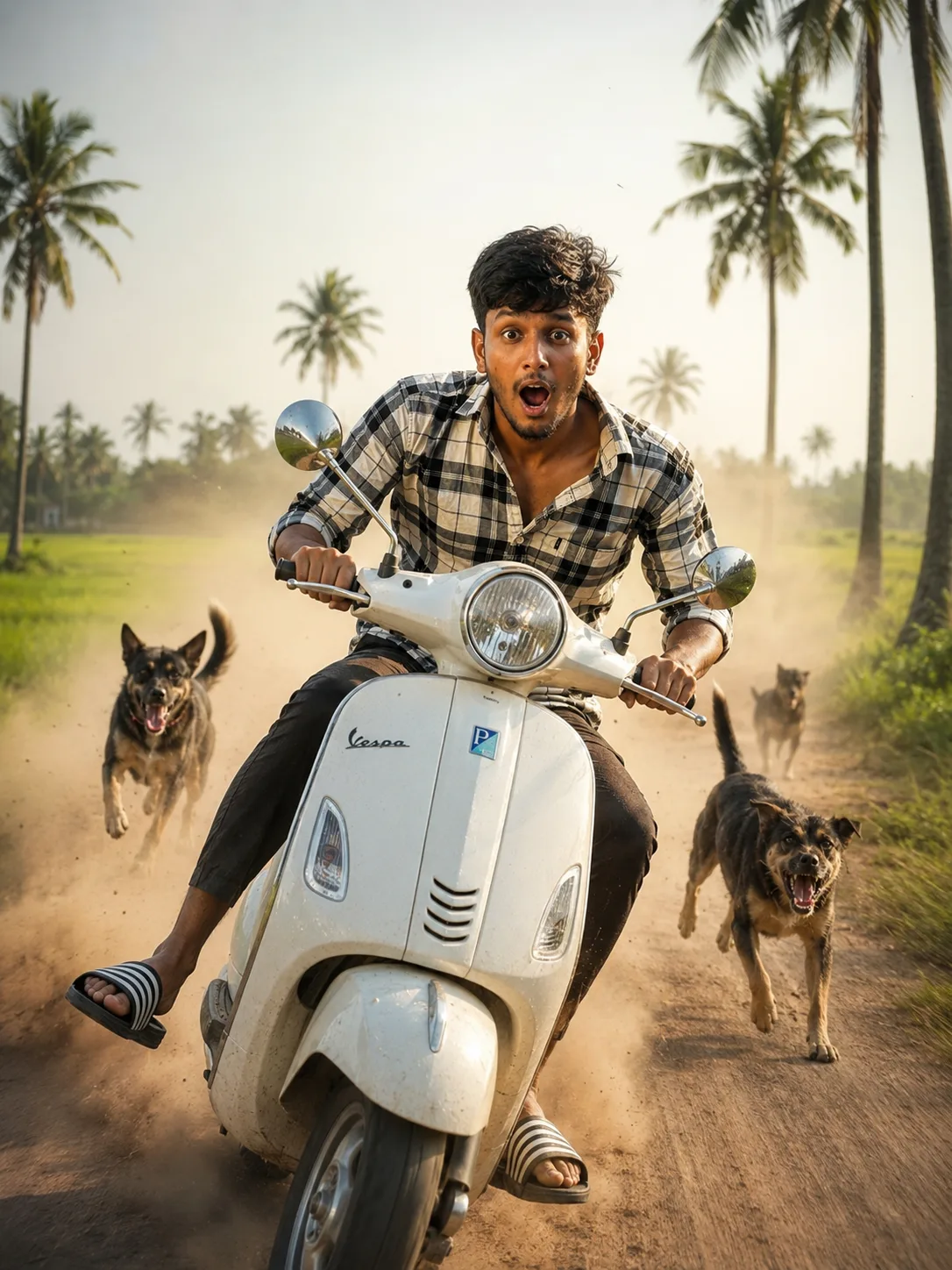 Create a highly realistic, ultra-detailed cinematic action-comedy movie poster featuring the same young Indian man from the reference