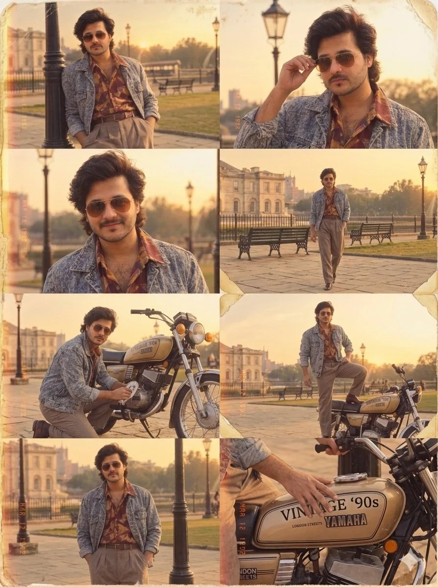 A cinematic 1990s vintage film photography photoshoot of a stylish South Asian man with voluminous wavy hair, a subtle mustache, and retro