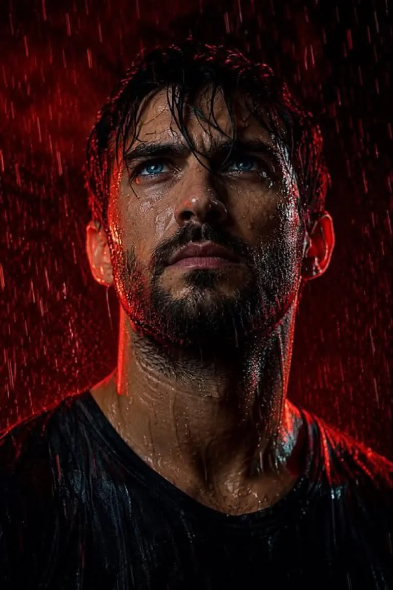 Prompt: Using the uploaded image and without changing the face, create an ultra-realistic cinematic portrait of the same man looking upward