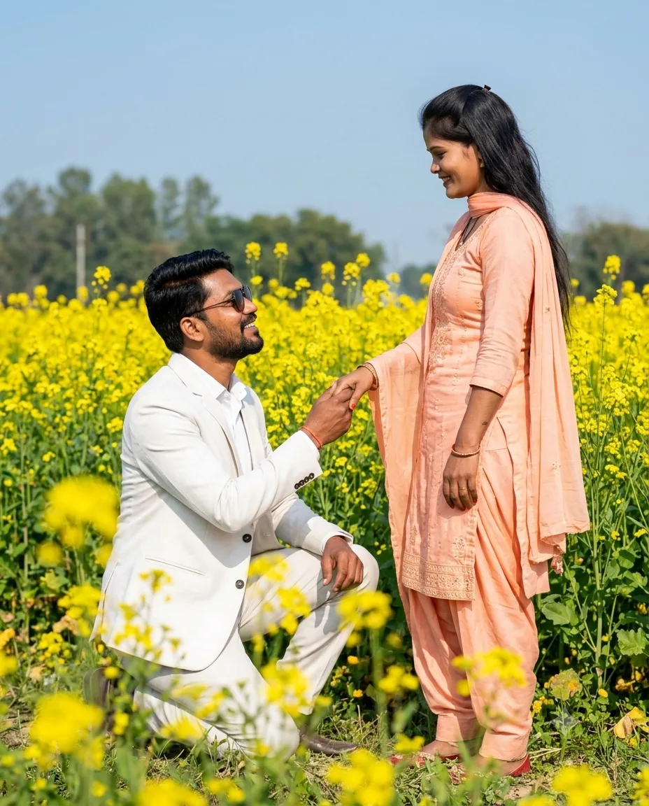 Photorealistic romantic Indian countryside scene, vertical 4:5 composition.