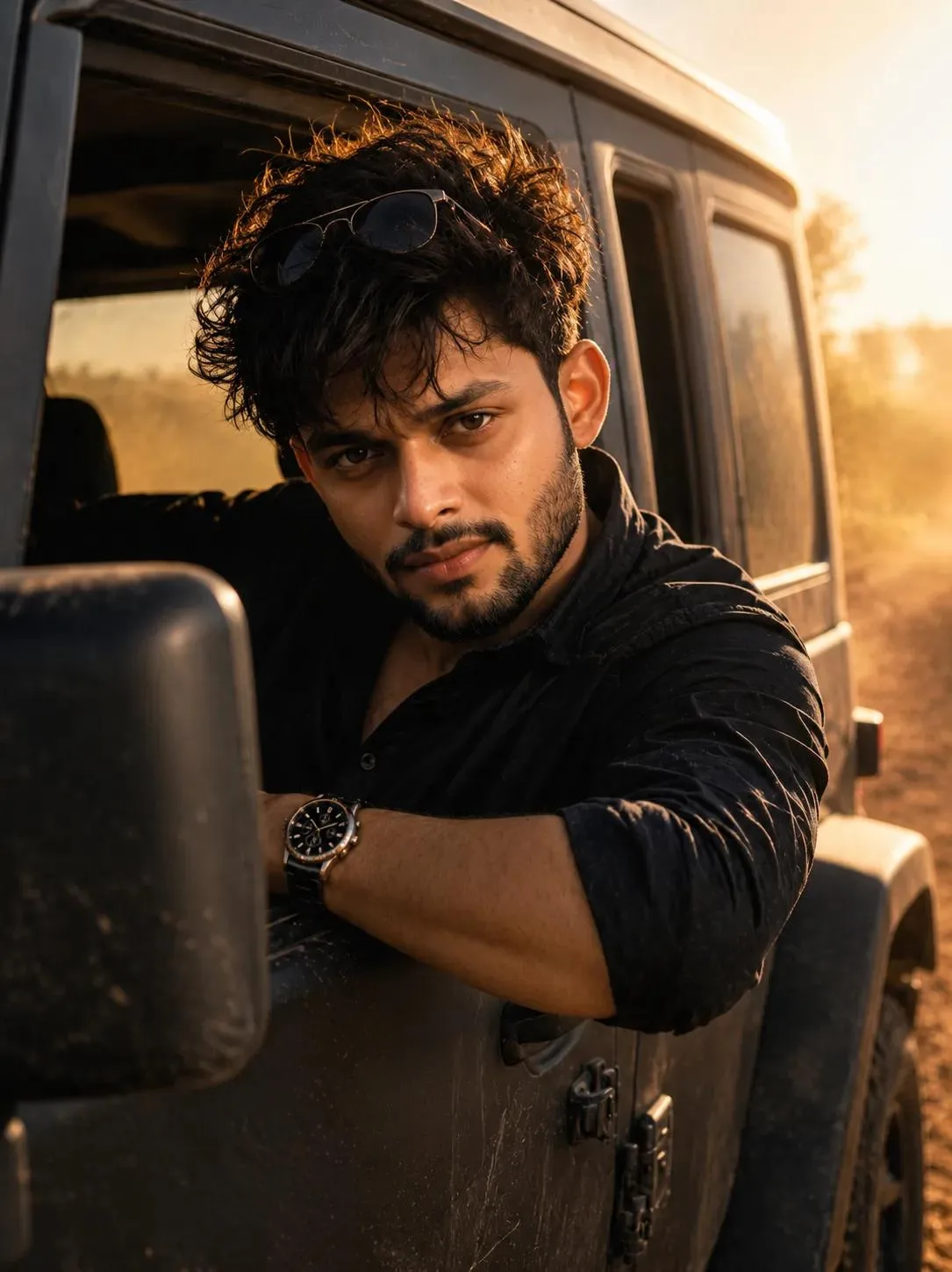 Waist-up shot leaning out of a matte-black jeep's open window: messy bedhead black hair catching warm golden-hour backlight, short natural