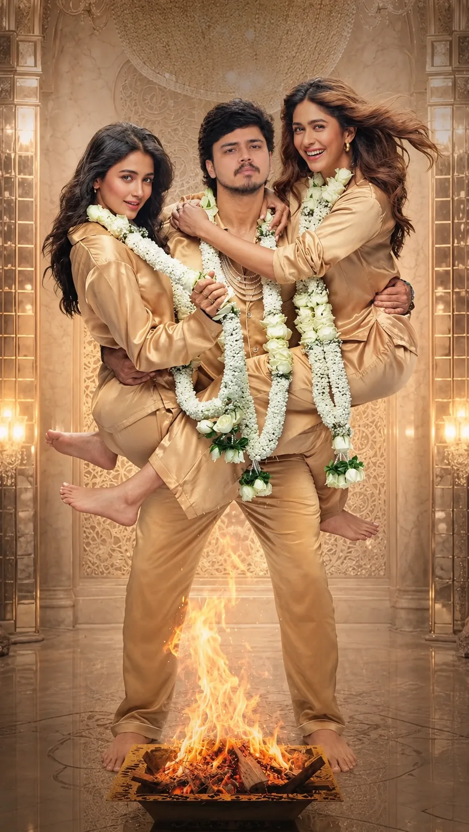 Ultra-realistic cinematic vertical portrait of a young South Asian man standing confidently at the center of an ornate Indian wedding
