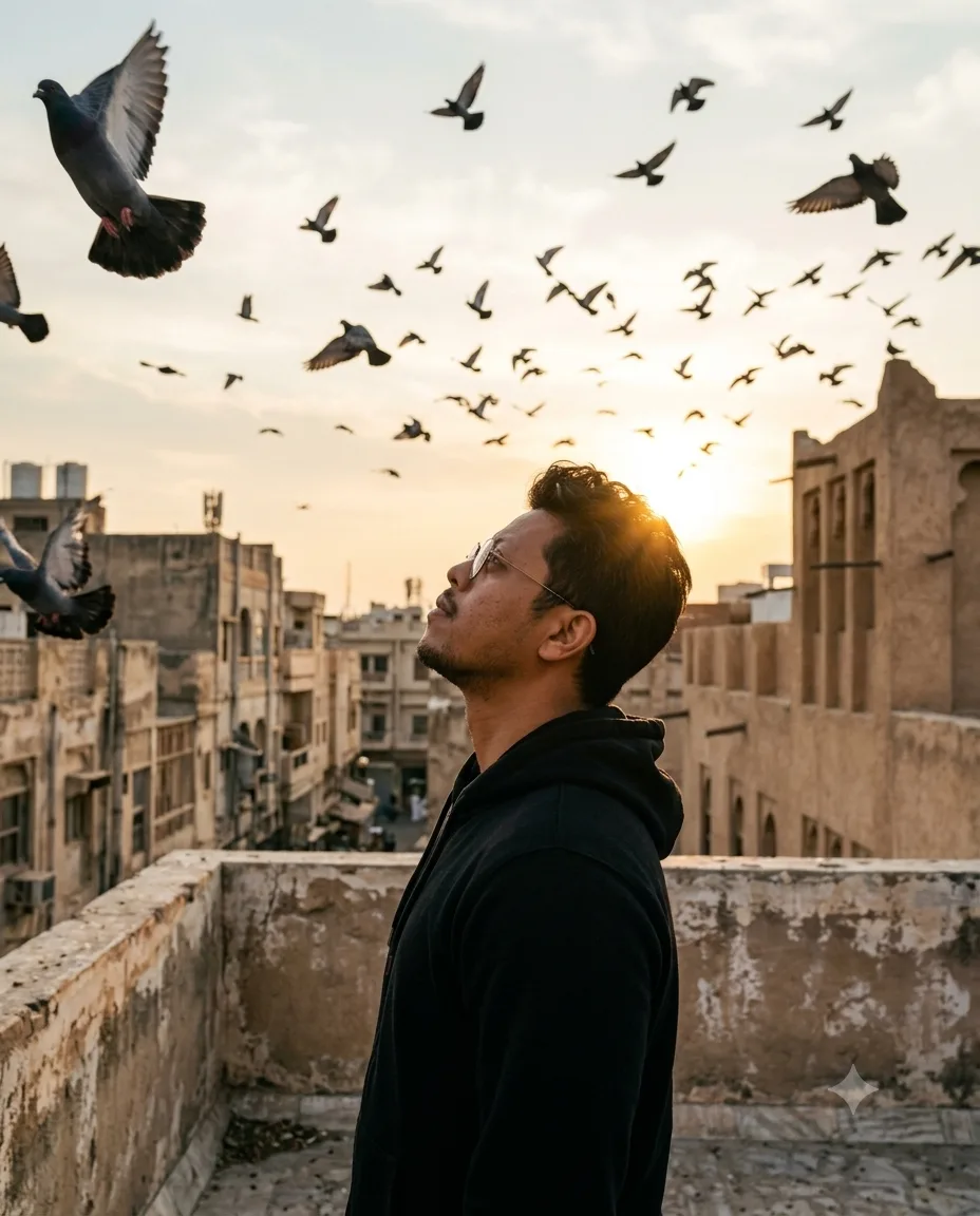 PROMPT Photorealistic cinematic 4:5 portrait of a young man standing on an old weathered rooftop terrace, framed from the chest upward.