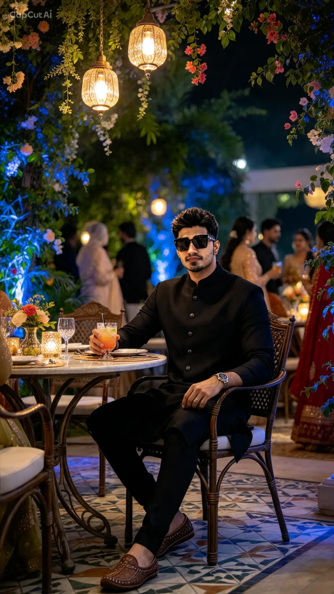 Cinematic nighttime portrait of a confident South Asian man sitting at an elegant outdoor dining venue, preserving his e