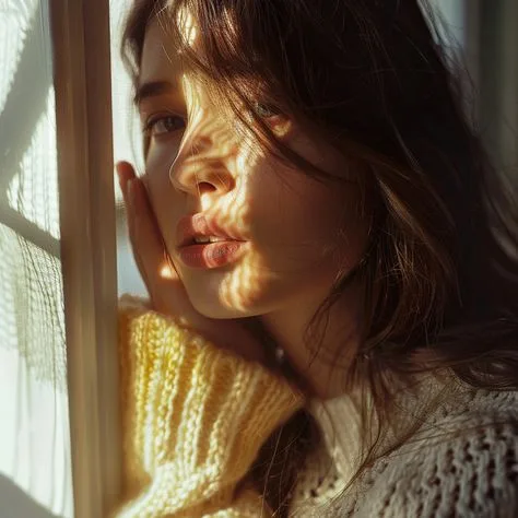 An intimate, close-up cinematic portrait of a beautiful young woman with soft brown hair resting her face gently against her hand near a