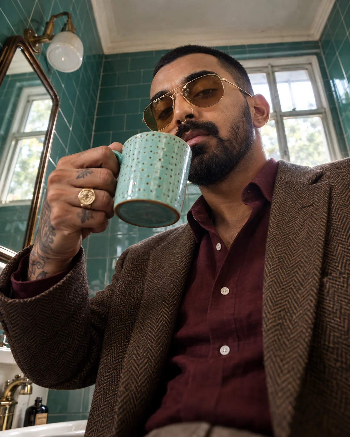 Low-angle close-up portrait of the person attached in the uploaded reference image standing in a vintage bathroom with glossy teal tiles