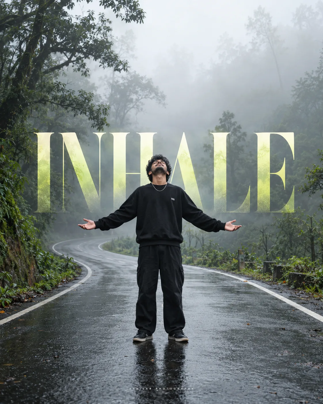 Create a peaceful, minimalist, ultra-realistic cinematic outdoor portrait of a young South Indian man standing beneath an enormous open