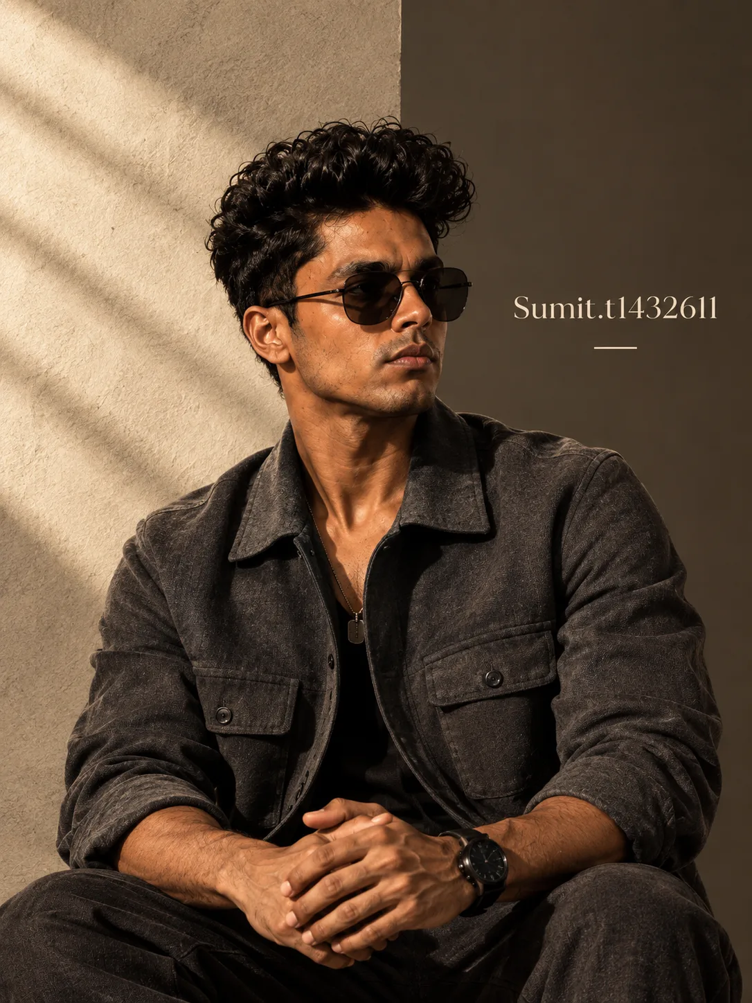Luxury editorial.Main Subject: Young male model wearing a smoke-grey overshirt.Creative Direction: One side of the background has an