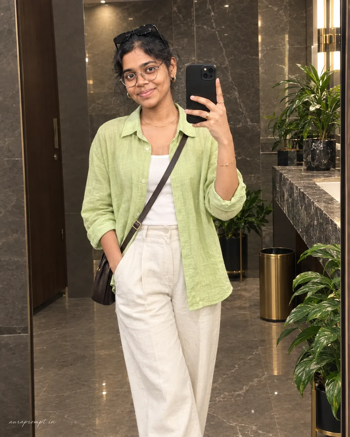Create an ultra-realistic full-body portrait of a young South Asian woman standing casually on a city street at night.