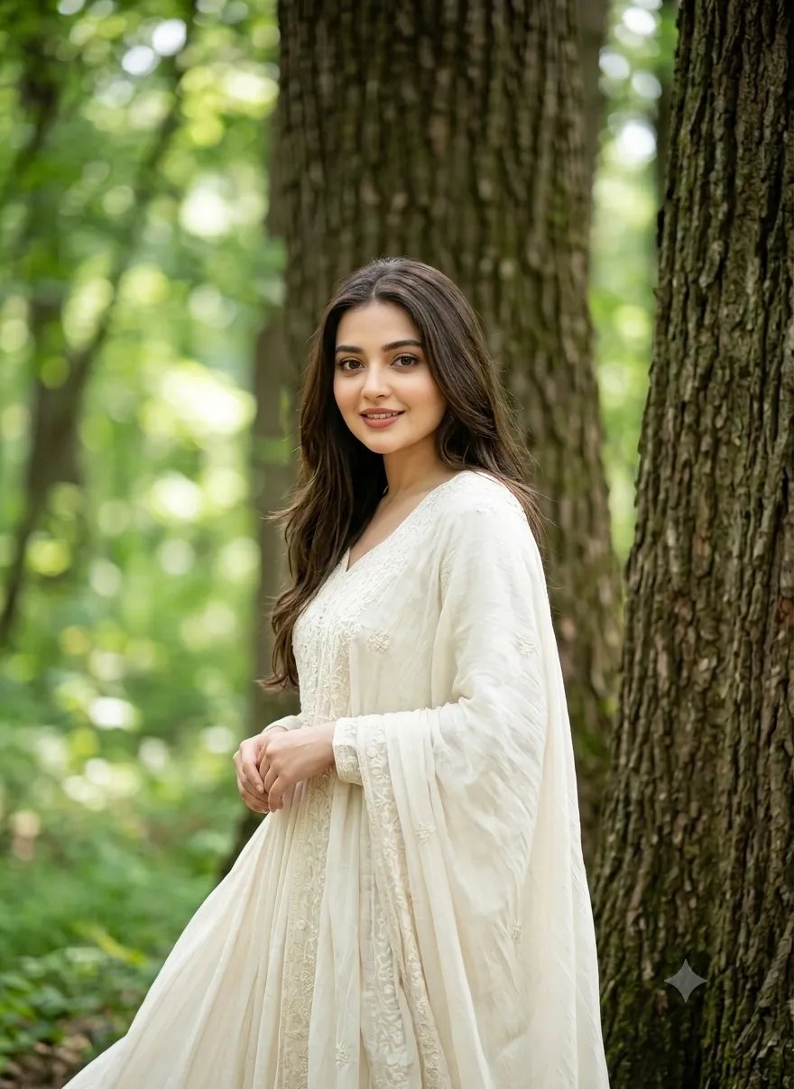 Create A beautiful young woman with long black hair, wearing a flowing ivory-white embroidered dress, posing beside large forest trees in a