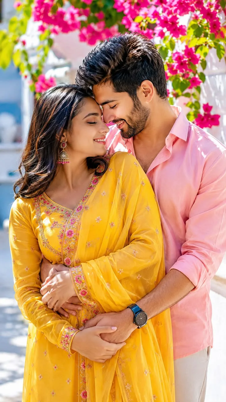 A photorealistic vertical medium shot of the young South Asian couple from the reference image, faithfully preserving both subjects' exact