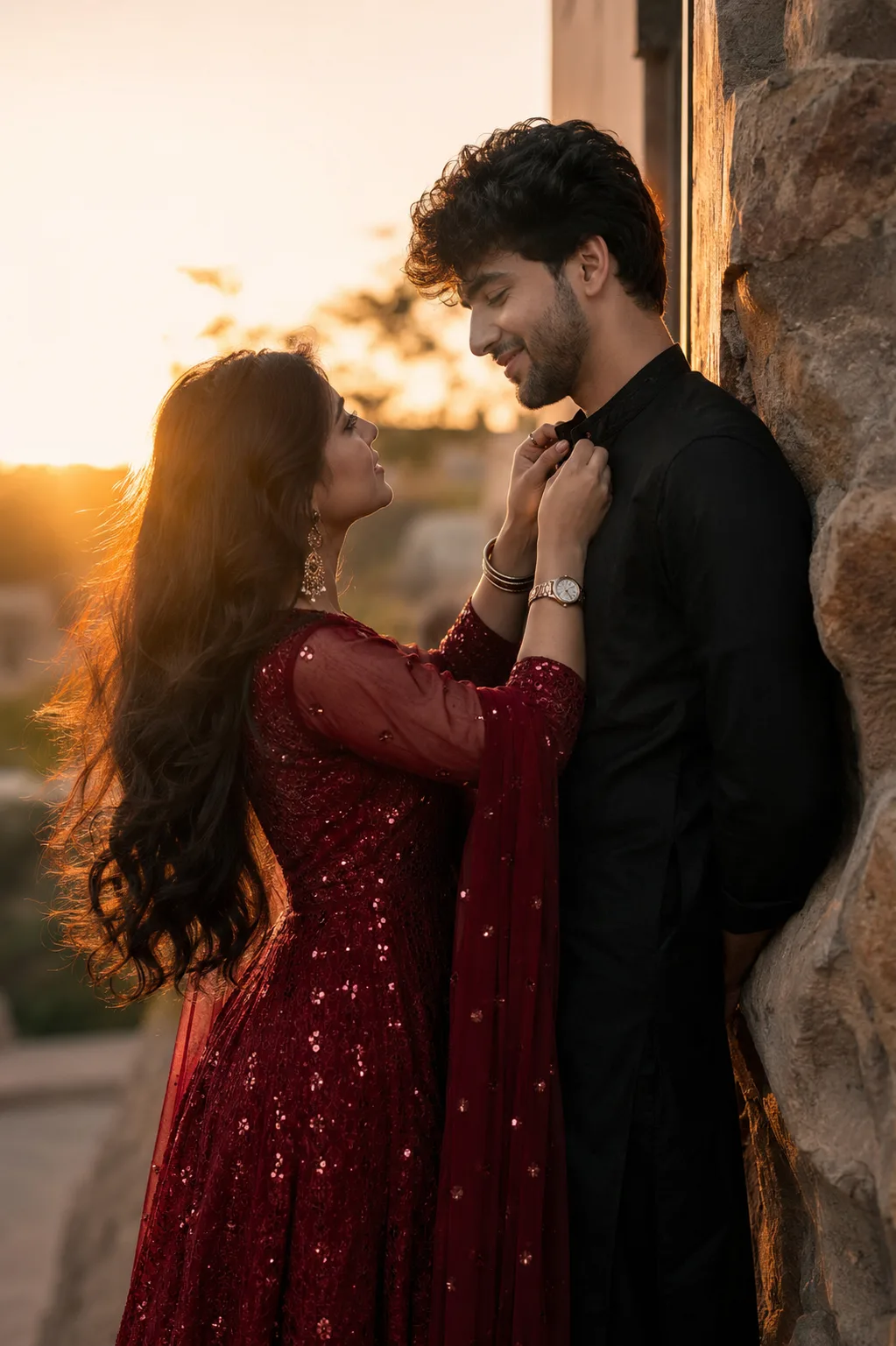 A ROMANTIC PORTRAIT OF A YOUNG COUPLE STANDING CLOSE OUTDOORS AT SUNSET.
