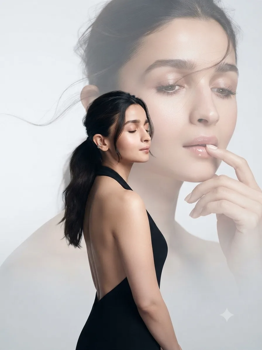 Using the provided reference image, create an ultra-luxurious double exposure fashion editorial portrait inspired by Korean beauty