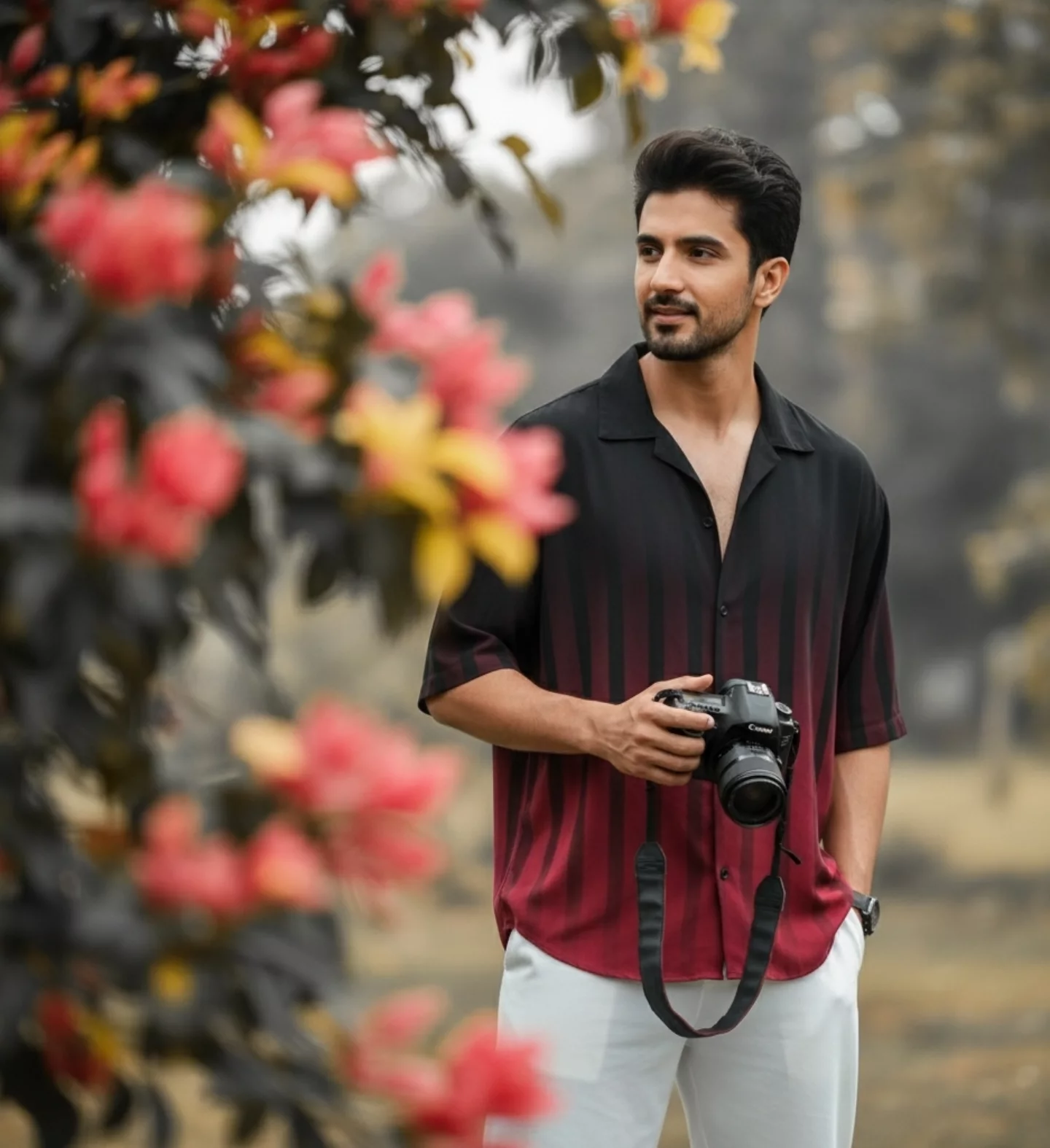 Creat a 8k hyper-realistic dark green portrait cinematic image with dramatic smile actions.
