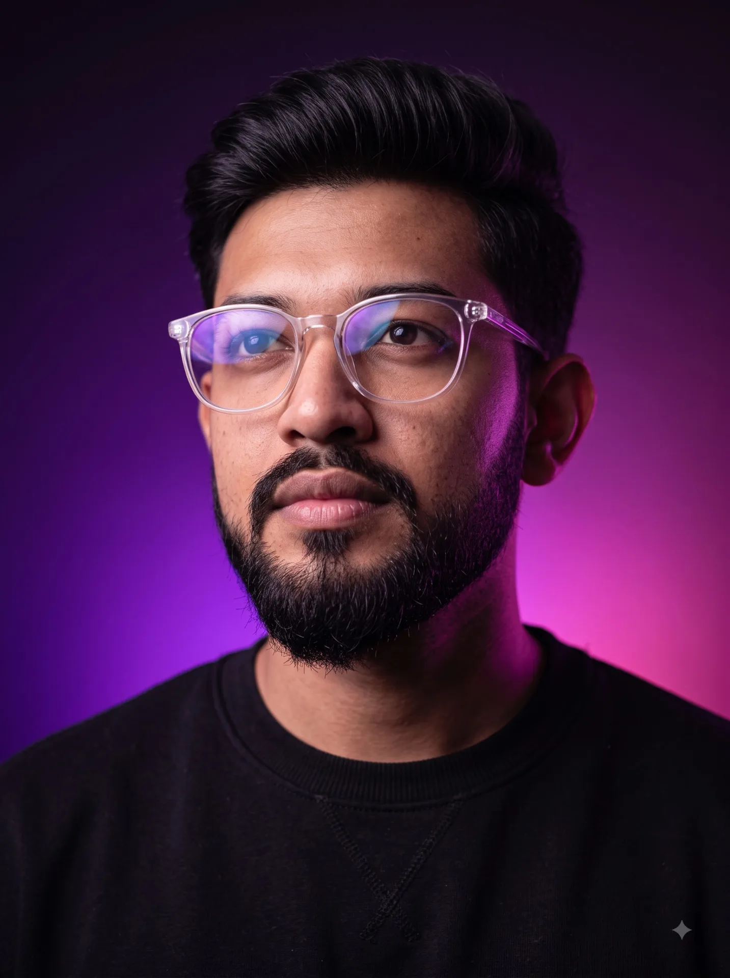 Ultra-realistic modern portrait of a man wearing transparent frame glasses and a black sweatshirt,sr.looking slightly upward.