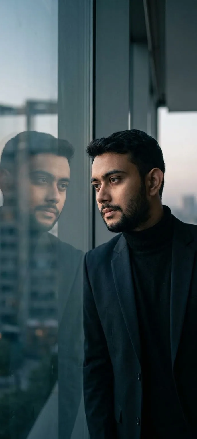 A cinematic close-up portrait of a stylish individual standing by a large glass window, gazing thoughtfully at their reflection.
