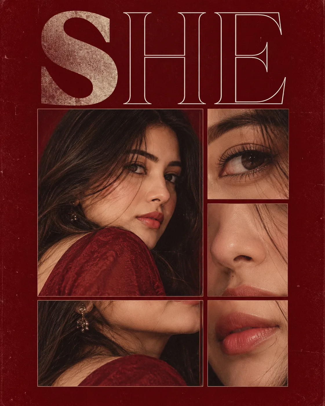 Minimalist editorial poster on a deep burgundy background, featuring a close-up portrait of a young woman fragmented into a precise