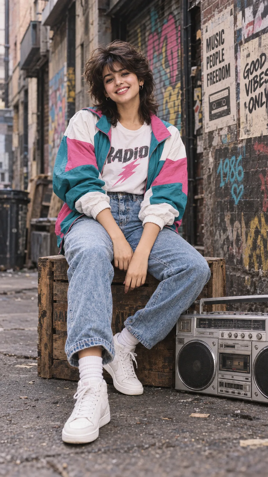 📸 Exact Image Prompt > Create a highly realistic vertical 9:16 cinematic street-fashion photograph of a young woman sitting casually on a