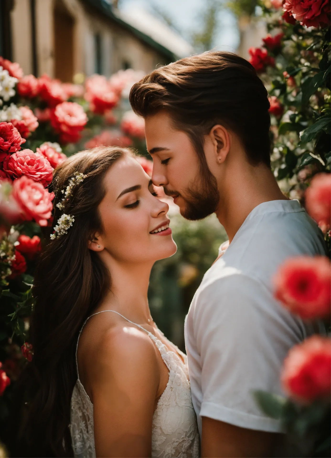 A high-resolution, candid, cinematic portrait photograph capturing a young, deeply in love couple standing close together surrounded by a
