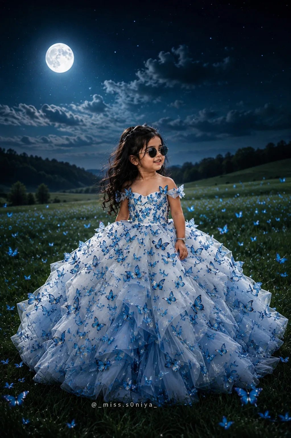 NEW BABY 🍼 PRONT 🐥 A full-length photograph of a baby girls standing in a vast green field at night under a brilliant full moon, as seen