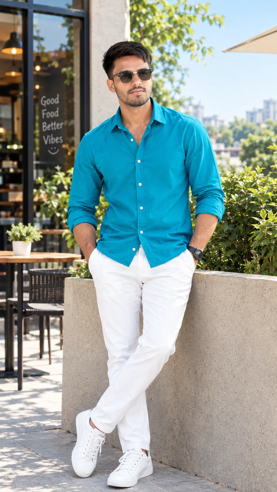 Ultra-realistic full-body fashion portrait of a handsome young Indian man standing casually in a modern outdoor café.
