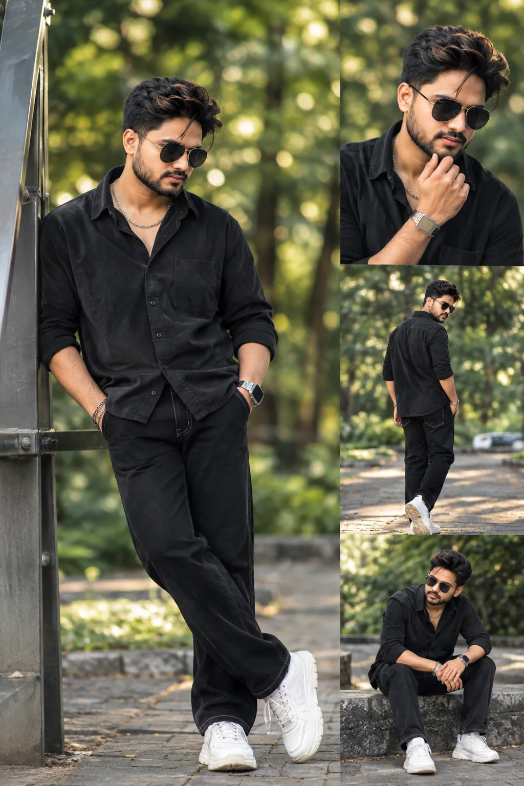 Cinematic 8k ultra-realistic portrait of a indian young man with messy wavy textured black hair and a soft beard.