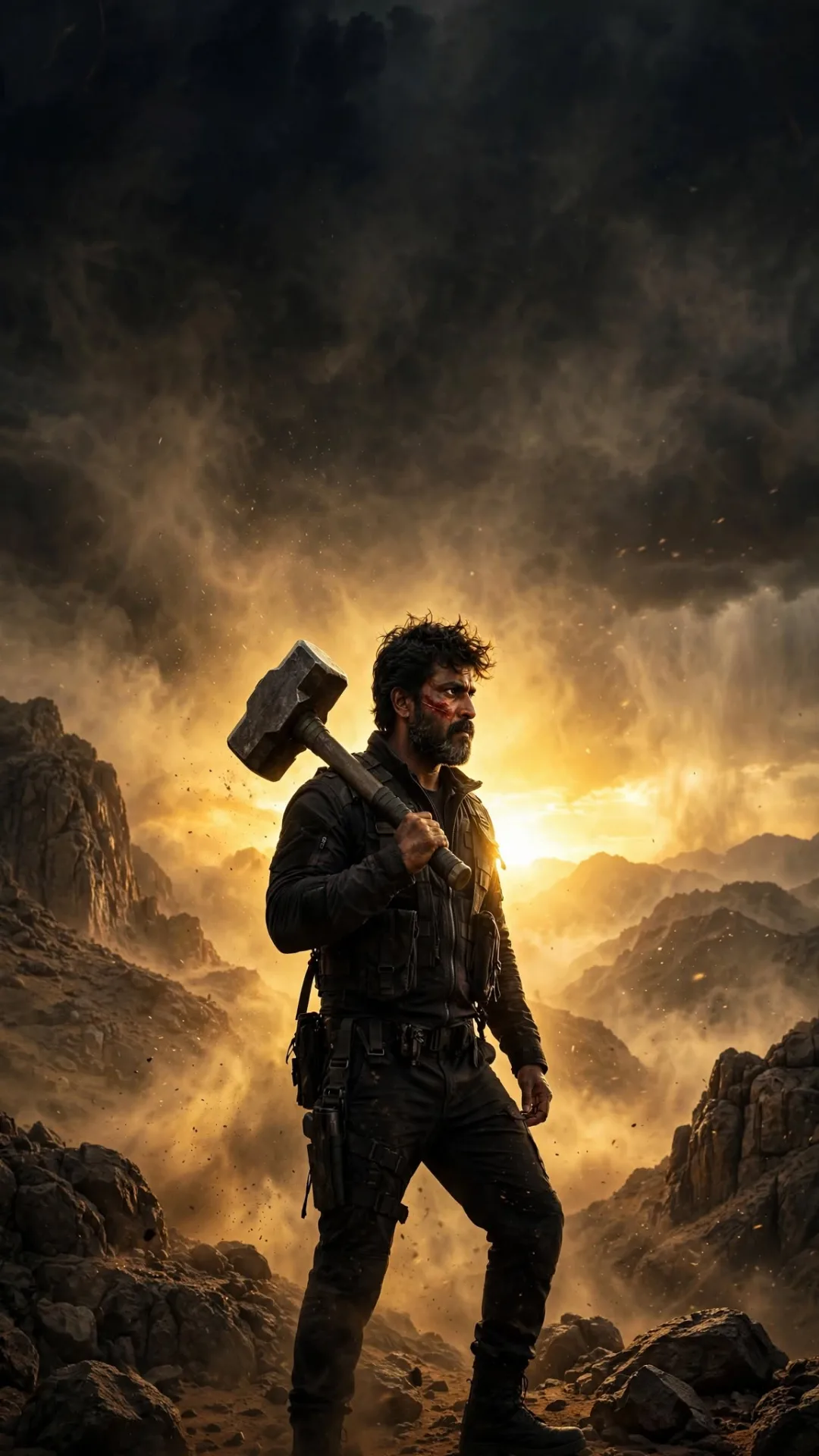 Cinematic movie poster of a rugged Indian man in all black outfit standing on a rock mountain, holding a large hammer on his shoulder, dust
