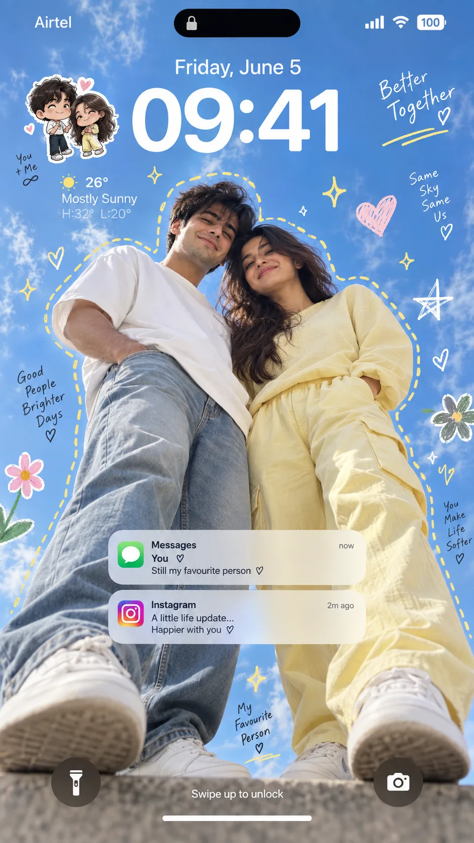 Create an ultra-realistic iOS-style lockscreen wallpaper featuring the uploaded couple as the main characters.