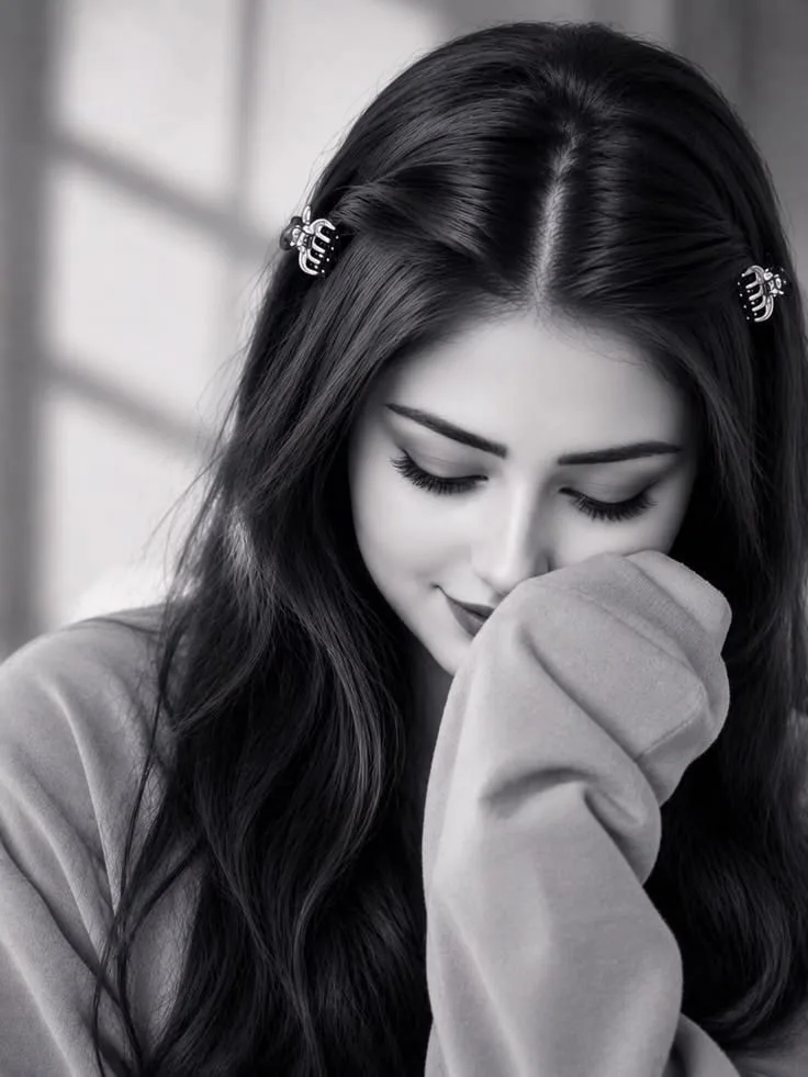 A beautiful black and white studio portrait of a young girl looking down with a shy, gentle smile.