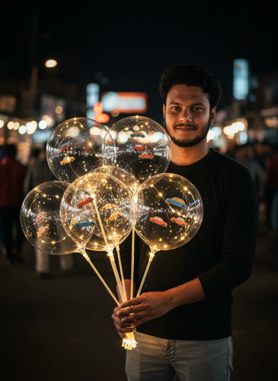 > A realistic, medium-shot portrait of a 26-year-old Indian man with short black hair and a well-groomed beard, standing outdoors at night.